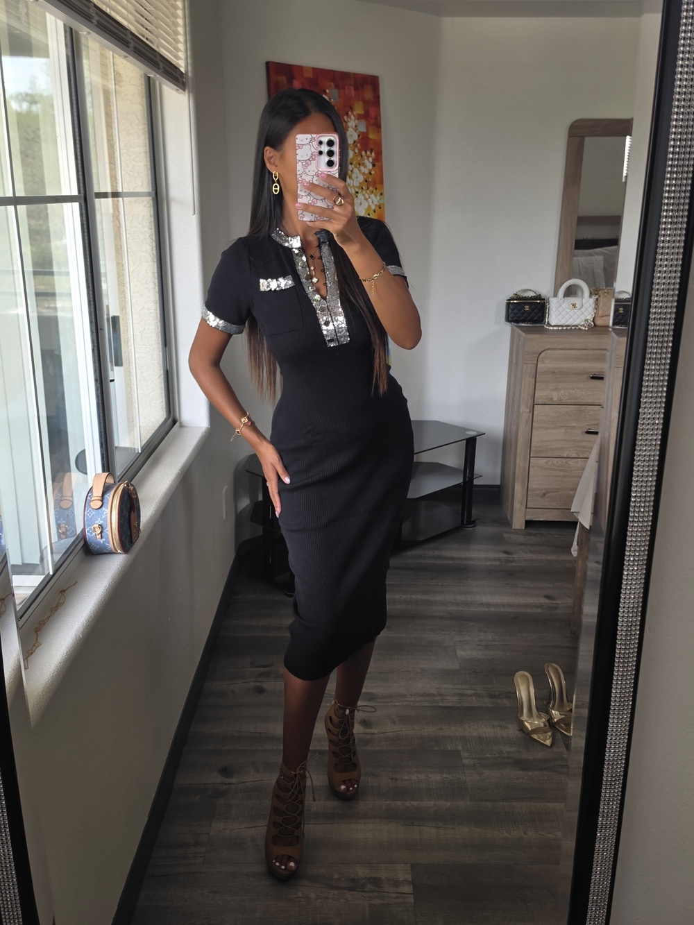 Black Midi Dress with Silver Sequin Trim